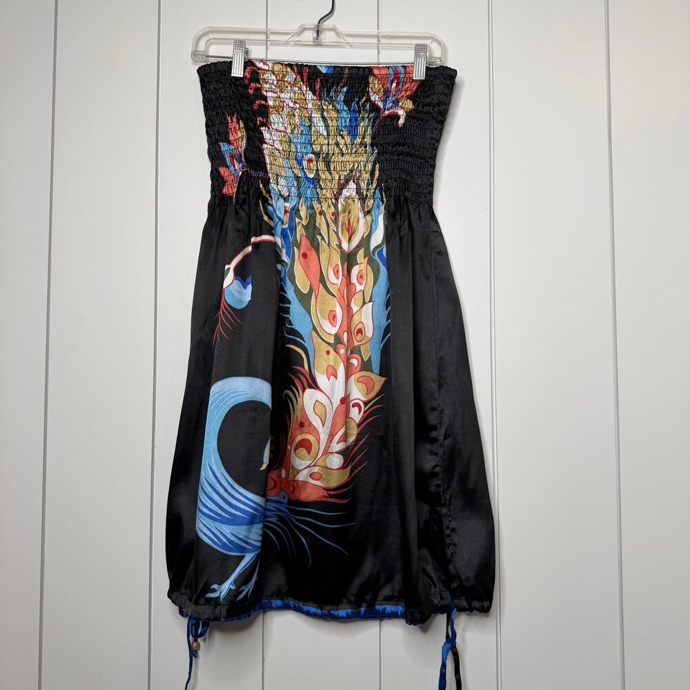 Elan Peacock Strapless Dress OSFA Black Smocked Tube Beaded Hem Boho
